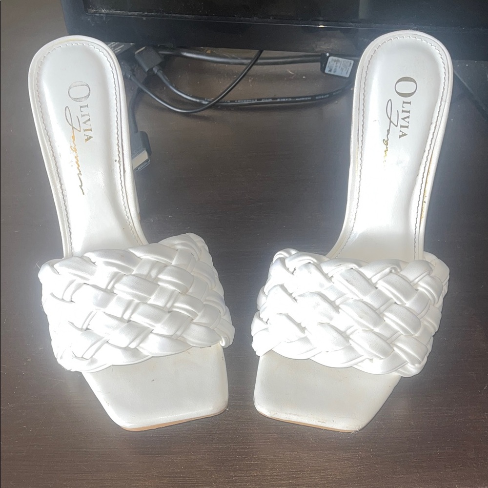 Womens size 7 Olivia Ferguson white heels. 3.5inch braided heels